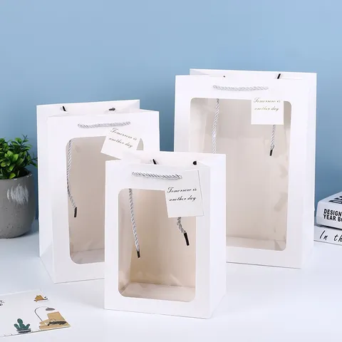 Transparent Window White Cardboard Gift Bag Party Wedding Favor Packaging Tote Bag