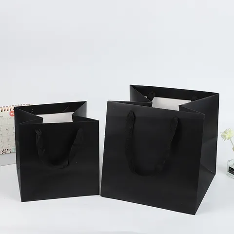 Sac Cadeau en Papier Carré Avec Poignée en Ruban Gâteau d'Anniversaire Bouquet de Fleurs Sac d'Emballage Marbre Couleurunie Cabas