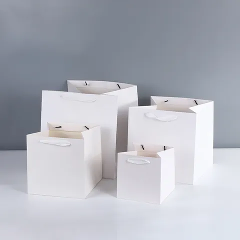 Square Gift Bags Thickened Wide Bottom Handbags Solid Color Paper Packaging Bags For Bakery Retail Gift Wrapping