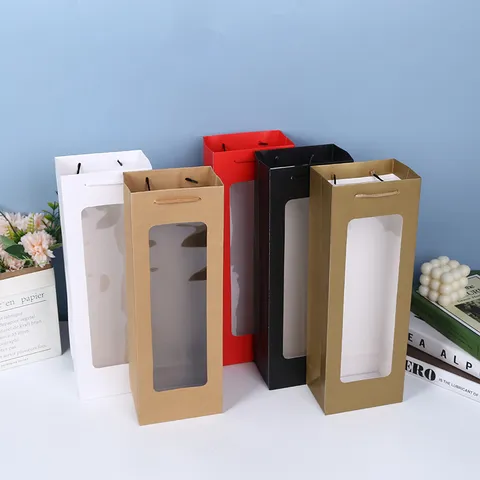 Sac Cadeau Fenêtre Sac Cadeau Bouteille de Vin Unique Fenêtre Fleur Champagne Sac d'Emballage Sac en Papier Tote pour Fête Mariage