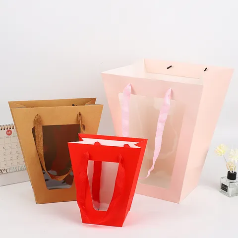 T-Shaped Flower Packaging Tote Bag Creative Trapezoidal Gift Bag With Transparent Window For Rose Bouquet Party Wedding