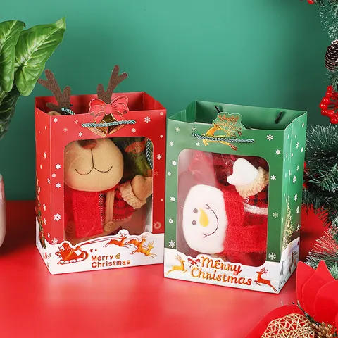 Christmas Gift Bag Hot Stamping Embossed Paper Bag with Transparent Window Festive Party Favor Packaging Tote Bag for Holiday