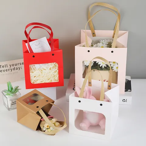 White Cardboard Gift Bag Transparent Window Tote Bag Cute Flower Packaging Box For Birthday Party Gift Wrapping