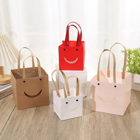 Square Clear Window Gift Bags Kraft Paper Tote Bags Smiling Face Present Packaging For Valentine Flower Party