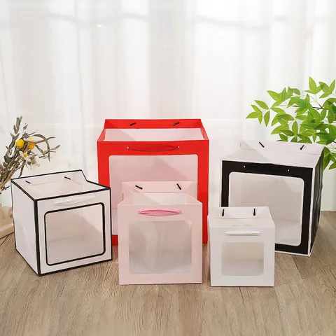 Vierkante Papieren Cadeautassen met Doorzichtig Venster Handtas Verpakking voor Bloemen Poppen Feest Bruidstaart