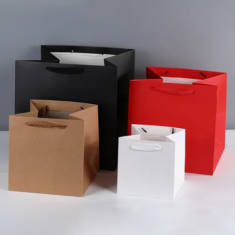 Square Gift Bags Thickened Wide Bottom Handbags Solid Color Paper Packaging Bags For Bakery Retail Gift Wrapping