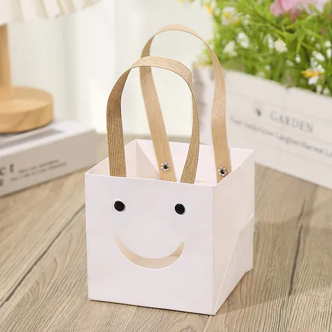 Square Clear Window Gift Bags Kraft Paper Tote Bags Smiling Face Present Packaging For Valentine Flower Party