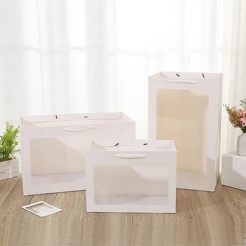 White Paper Gift Bag With Transparent Window And Sturdy Handle For Retail Shopping Party Packaging