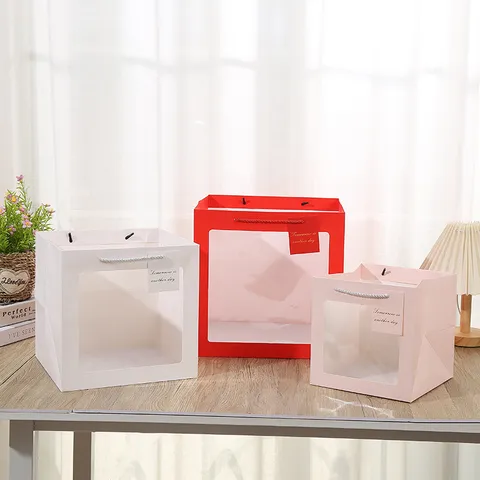 Square Transparent Window Paper Gift Bag Tote Bag For Flower Doll Cake Packaging Party Favors Shopping Bag