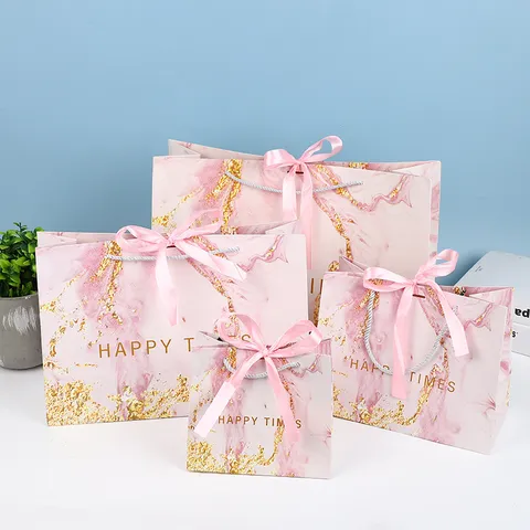 Gradient Marble Pattern Paper Gift Bag Bronzing Bow Handbag With Ribbon For Wedding Party Gift Packaging