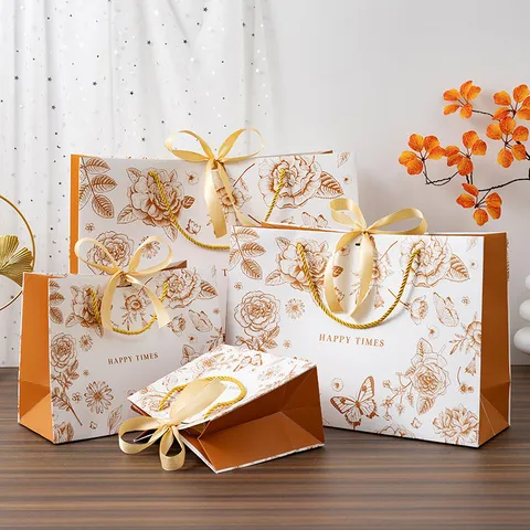 Golden Floral Gift Bag White Cardboard Tote Bag With Gold Ribbon Bow For Party Wedding Birthday Present Packaging