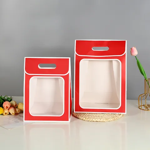 Red Gift Bag White Cardboard Window Handheld Flower Packaging Bag Festive Party Wedding Gift Packing Bag