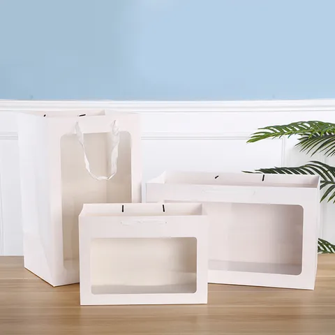 Transparant Venster Papier Geschenktas Wit Karton Tragetas Met Handvat Voor Moederdag Bloemverpakking Feest Bruiloft
