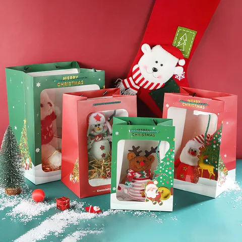 Festive Christmas Gift Bags Gold Foil Transparent Window Tote Bags Christmas Eve Packaging White Cardboard Gift Bags
