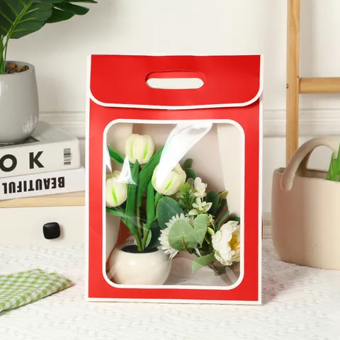 Red Gift Bag White Cardboard Window Handheld Flower Packaging Bag Festive Party Wedding Gift Packing Bag