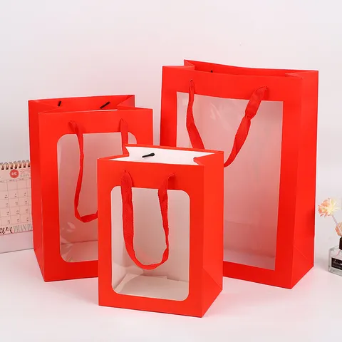 Transparant Venster Cadeau Papieren Zak Handtas Bloem Verpakking Tas Voor Verjaardag Feest Bruiloft Cadeau Tas