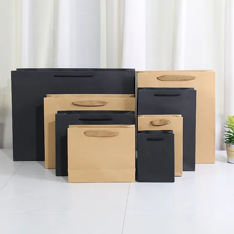 Kraft Paper And Black Cardboard Gift Bags Tote Bags For Retail Shopping Takeout Packaging Holiday Gift Wrapping
