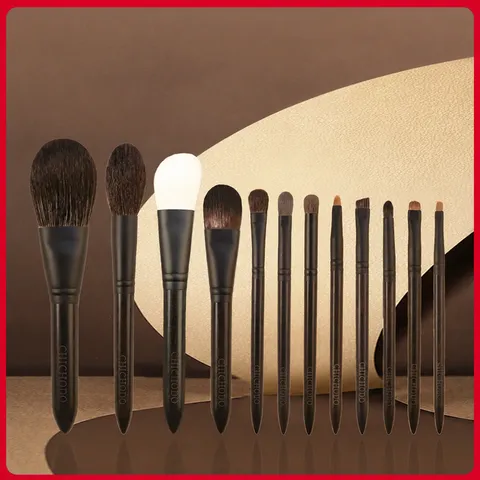 Kit di Pennelli per Trucco Professionale Pelo Animale Pennelli Morbidi Con Manico in Legno Ergonomico Strumento di Trucco Nero