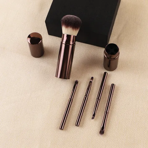 Retractable Mini Makeup Brush Set Portable Travel Powder Eyeshadow Brush Synthetic Fiber Aluminum Handle Cosmetic Tool Kit
