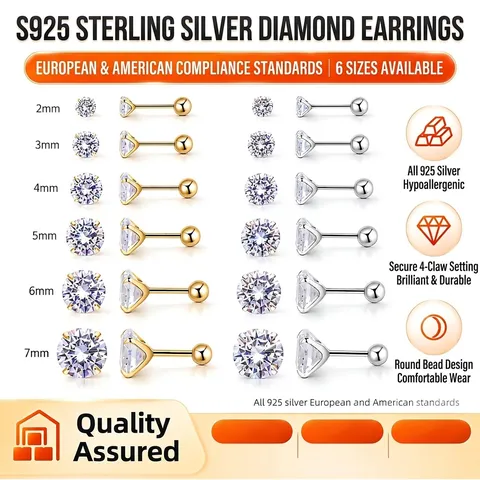 925 Sterling Silber Ohrstecker Für Damen Klassisch Rundschliff Zirkon Vier Krallenfassung Minimalistisch Schraubverschluss