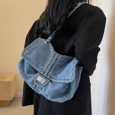 Damen Denim Umhängetasche Große Kapazität Retro Gewaschene Jeans Tote Mit Silberner Kette Und Drehverschluss