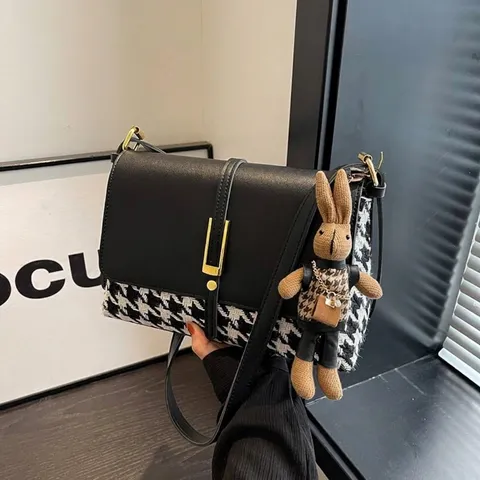 Women Fashion PU Spliced Houndstooth Shoulder Bag Large Capacity Crossbody Handbag With Rabbit Pendant Retro Square Daily Bag