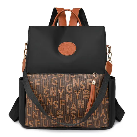 Sac à Dos Femme Mode Casual Imperméable en Tissu Oxford Poches Multiples Voyage École Imprimé Lettres Vintage Coutures
