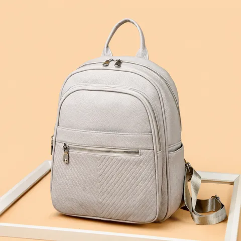 Sac à Dos Décontracté en Cuir PU pour Femmes Vintage Couleur Unie Poches Multiples Sac d'École Voyage avec Coutures