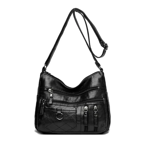 Sac Bandoulière Souple en Cuir PU Mode Femme Multi-Poches Sac à Épaule Décontracté Tendance