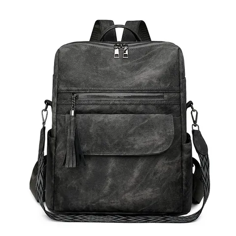 Sac à Dos Décontracté en Cuir PU pour Femmes Vintage Voyage Sac d'École Multi-Poches Anti-Éclaboussures avec Pendentif Gland