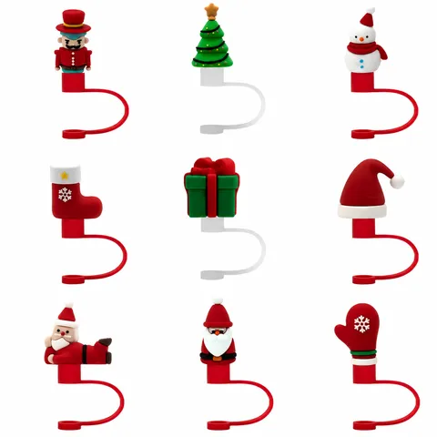 Décoration de Fête de Noël 3D Silicone Capuchon de Paille Mignon Dessin Animé Père Noël Bonhomme de Neige Couverture de Paille Anti-Poussière Réutilisable Bouchon de Paille
