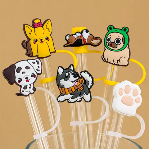 Cute Cartoon Animal Dog Silicone Straw Cover Cap Reusable Dust Plug Creative Accessories