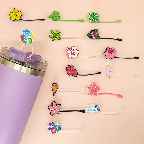 Hawaiian Resort Cartoon Silicone Straw Cap Tropical Floral Dustproof Straw Cover For Stanley Tumbler Cup