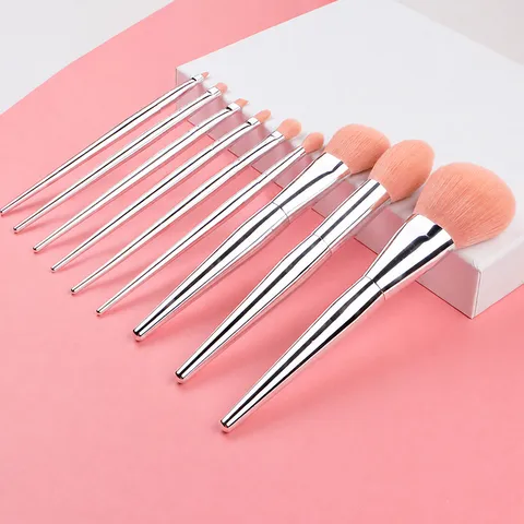 Professional Makeup Brush Set Synthetic Fiber Soft Pink Bristles Metallic Handle Cosmetic Beauty Tools