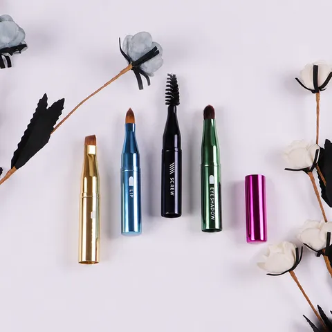 Juego de Brochas de Maquillaje Multifuncionales Portátiles Mango de Metal Pelo Sintético Retráctil Sombra de Ojos Labios Herramienta Facial