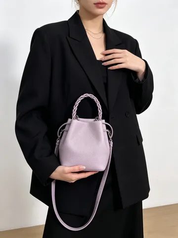 Bolso Saco de Piel de Vaca de Primera Capa para Mujer Elegante Commuter Hombro Único Bolso Bandolera Asa Tejida Bolso Versátil