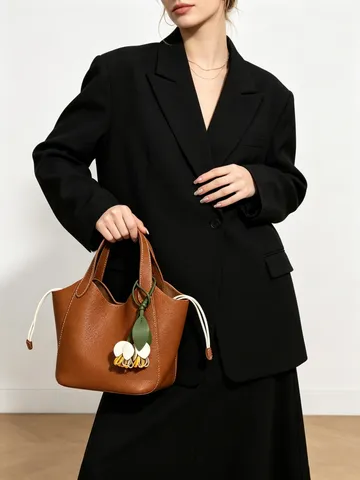 Bolso Balde de Cuero Auténtico para Mujer Lujo Asa Superior Bolso de Mano Cordón Casual Desplazamientos Bolso Bandolera Con Colgante Floral