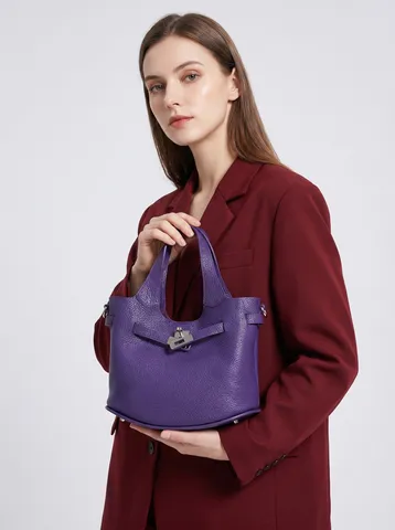 Bolso Cubo de Cuero Genuino para Mujer Minimalista Asa Superior Bolso de Mano Urbano Casual Cierre de Candado Bandolera