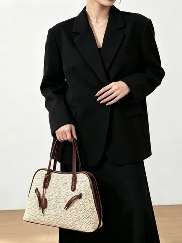 Bolso de Hombro de Paja Tejida para Mujer Gran Capacidad Bolso Tote de Color Contrastante Estilo Vacaciones Bolso de Mano Casual Chic Para Viaje