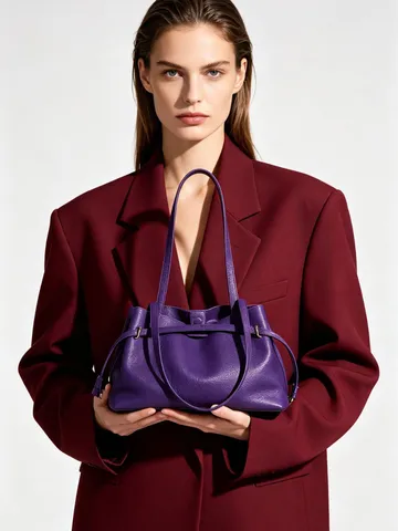 Bolso de Hombro de Cuero Verdadero para Mujer Coreano Minimalista Casual Cordón Bolsa Cubo Cuero de Vacuno