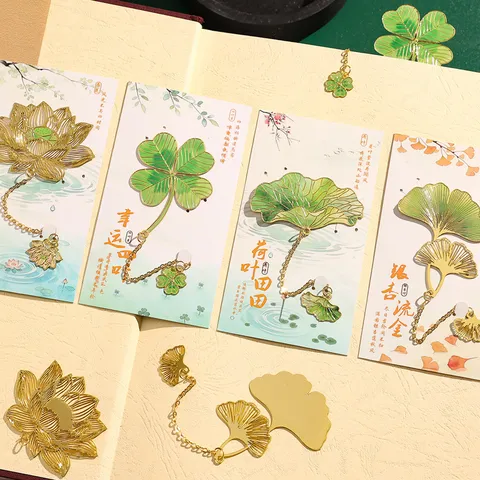 Metall Blatt Lesezeichen Retro Durchbrochen Goldene Ginkgo Lotus Vierblättriges Kleeblatt Mit Quaste Anhänger Schüler Geschenk Lesen Schreibwaren