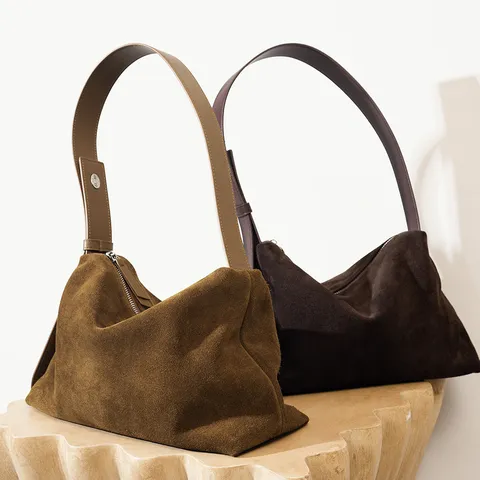 Bolso de Hombro de Cuero de Vaca Nubuck para Mujer Vintage Commuter Underarm Bolso Moda Color Sólido Gran Capacidad Tote Bag