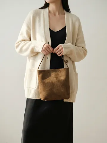 Bolso Tote Retro de Ante para Mujer Bolso de Hombro Vintage Commuting Gran Capacidad Color Sólido Bolso Casual