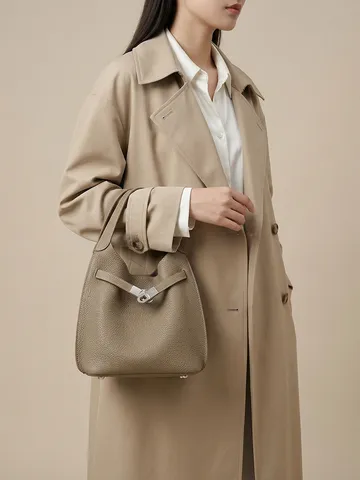 Bolso Cubo con Cerradura de Cuero Vacuno de Primera Capa para Mujer Bolso de Mano de Cuero de Moda Elegante Casual Bolso Bandolera