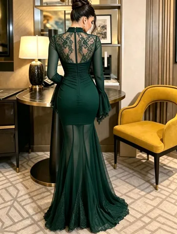 Vestido Maxi Largo de Encaje Estilo Francés con Manga Larga para Mujer Elegante Vestido de Fiesta de Noche
