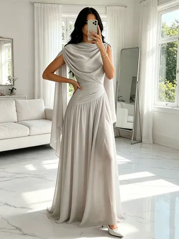 Mujer Elegante Sin Mangas Gasa Vestido Maxi Cintura Alta Plisado Formal Fiesta Noche Largo Vestido Boda