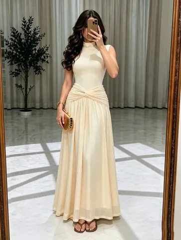 Damen Elegant Ärmellos Mesh Abendkleid Einfarbig Hohe Taille Plissiert Lang Maxi Party Kleid
