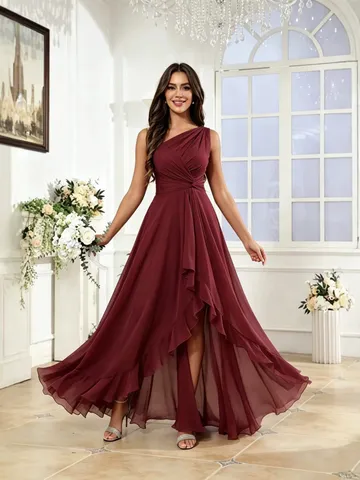 Vestido Midi de Chifón Asimétrico de Hombro Descubierto Estilo Francés para Mujer Verano Elegante Ajustado de Talle Alto Fiesta