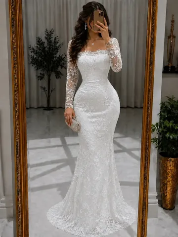 Damen Sexy Spitze Langarm Meerjungfrau Brautkleid Elegantes Einfarbiges Formelles Abendkleid Hochzeitskleid