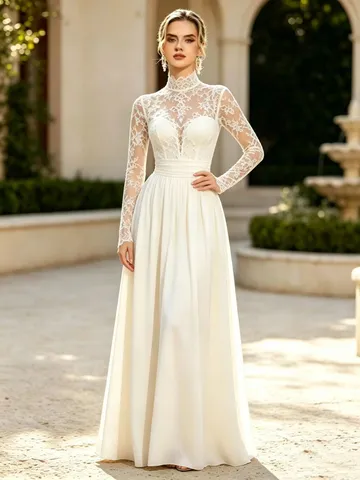French Vintage Long Sleeve Slim Lace Wedding Dress Evening Long Gown Elegant Women Formal Party Dress